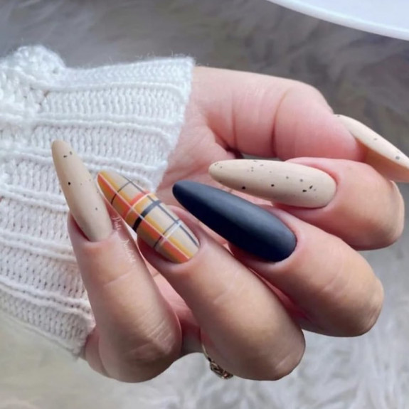 50+ Fall Nails That Are So Trendy — Matte Blue & Neutral + Plaid Almond Nails