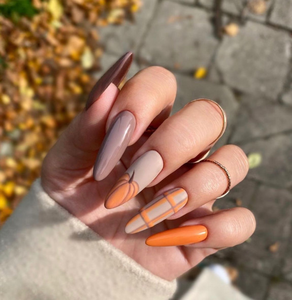 50+ Fall Nails That Are So Trendy — Pumpkin & Plaid Almond Nails