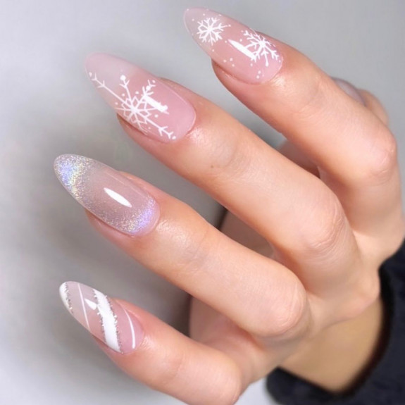 35 Best Nude Christmas Nails — Nude Sheer Nails with Snowflakes