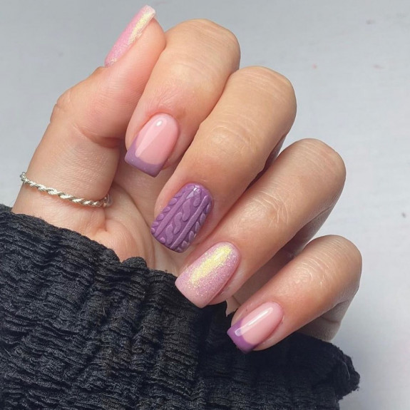 50+ Fall Nails That Are So Trendy — Purple Cable Knit + French Tip Nails