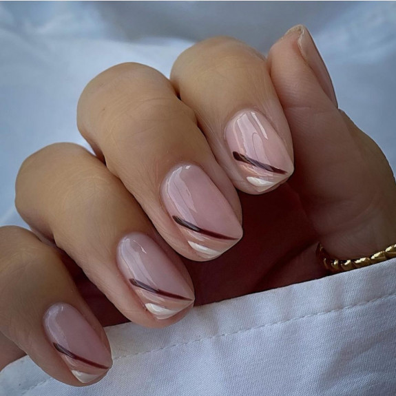 50+ Fall Nails That Are So Trendy — Brown and White Line Sheer Nails