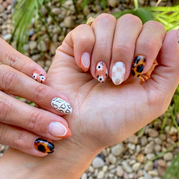 50+ Fall Nails That Are So Trendy — Mismatch Print Fall Nails