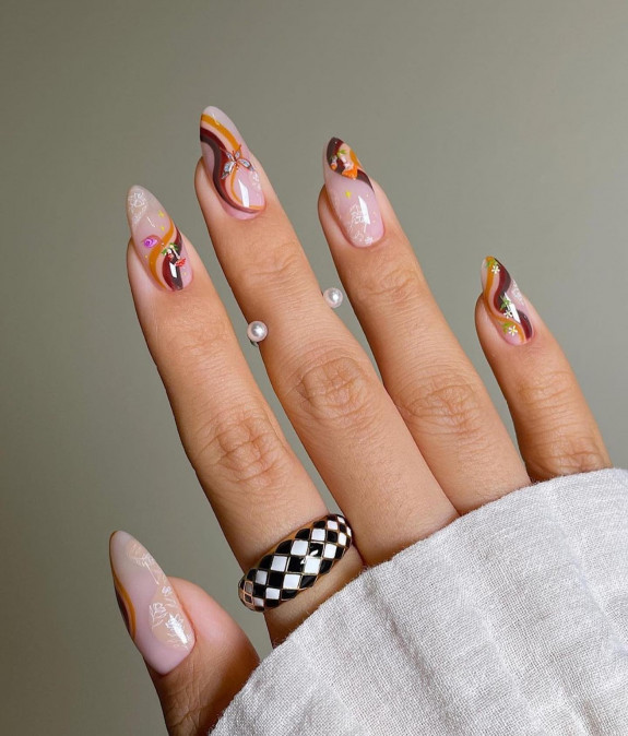 50+ Fall Nails That Are So Trendy — Brown Swirl + Butterfly Fall Nails