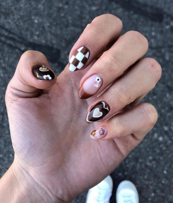 50+ Fall Nails That Are So Trendy — Mismatched Brown Autumn Nails