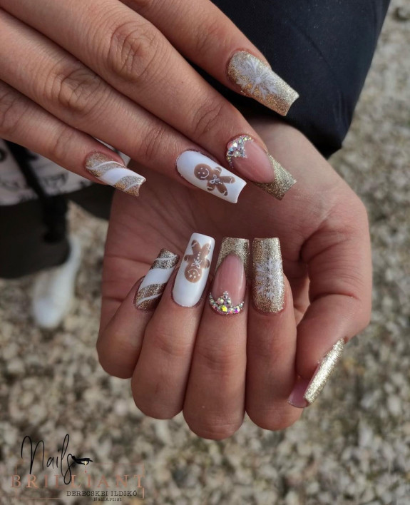 35 Best Nude Christmas Nails — Snowflake, Ginger Bread Man Acrylic Nails