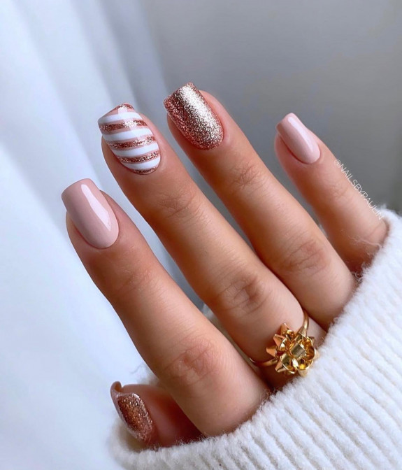 35 Best Nude Christmas Nails — Candy Stripe + Nude & Glitter Nails