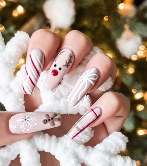 35 Best Nude Christmas Nails — Candy Cane, Reindeer and Plaid Coffin Nails