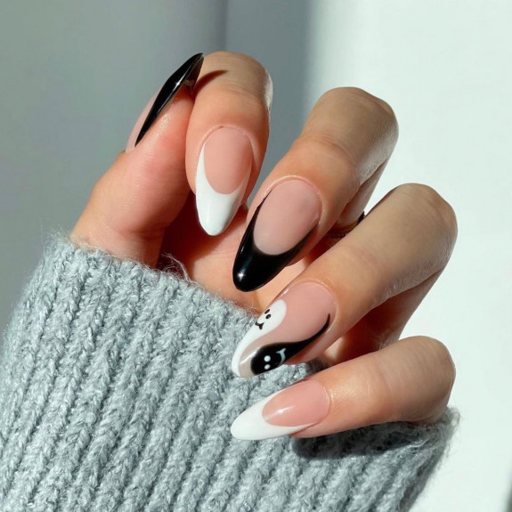 60+ Halloween Nails 2022 — Black and White Ghost + French Tip Nails