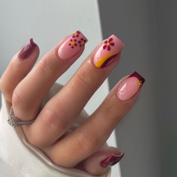 50+ Fall Nails That Are So Trendy — Red Wine & Yellow Flower + French Nails