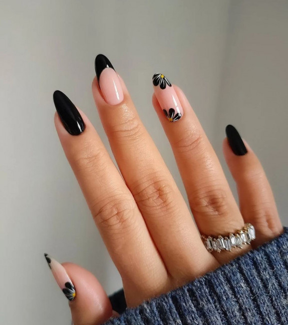 50+ Fall Nails That Are So Trendy — Black Flower + French Tip Nails