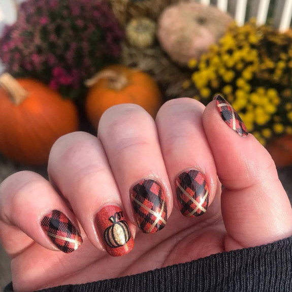 30 Cute Pumpkin Nails — Red Plaid Nails with Gold Pumpkin Accents