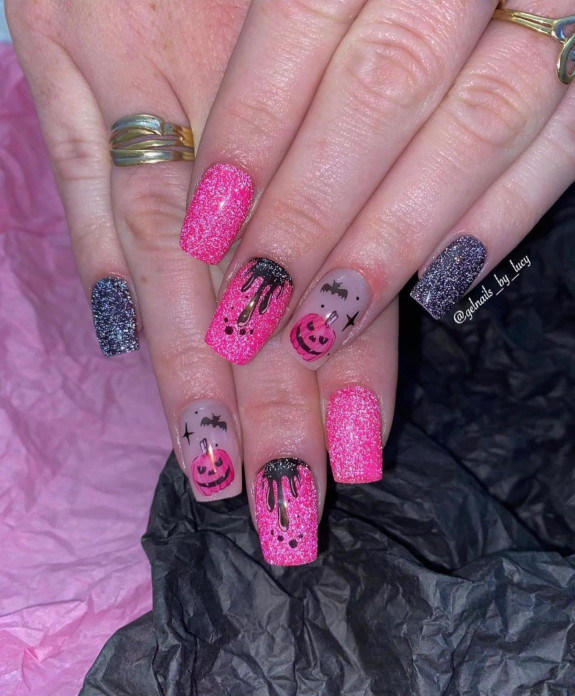 30 Cute Pumpkin Nails — Glittery Pink and Black Nails