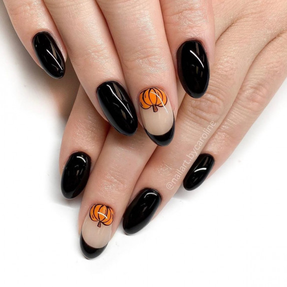 30 Cute Pumpkin Nails — Black French Tip Nails with Pumpkin Cuffs