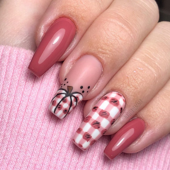 30 Cute Pumpkin Nails — Plaid Pumpkin Coffin Nails