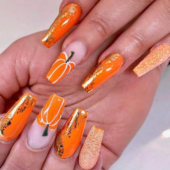 30 Cute Pumpkin Nails — Pumpkin Spice Coffin Nails