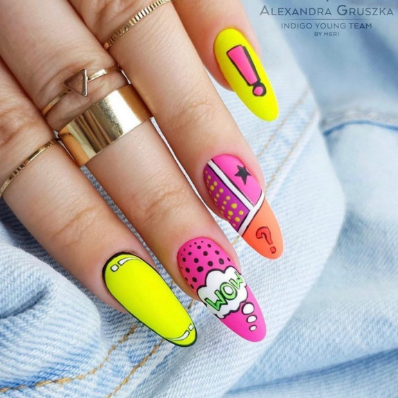 30 Creative Pop Art Nail Ideas — Pink and Yellow Pop Art Almond Nails