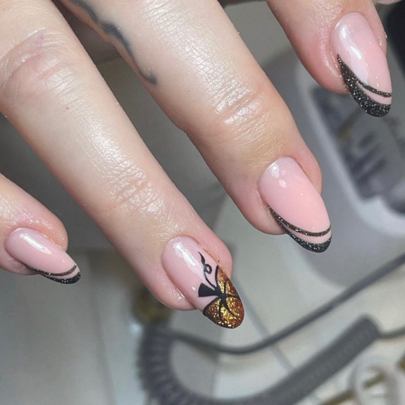 30 Cute Pumpkin Nails — Gold Glitter Tip + Black Tip Nails