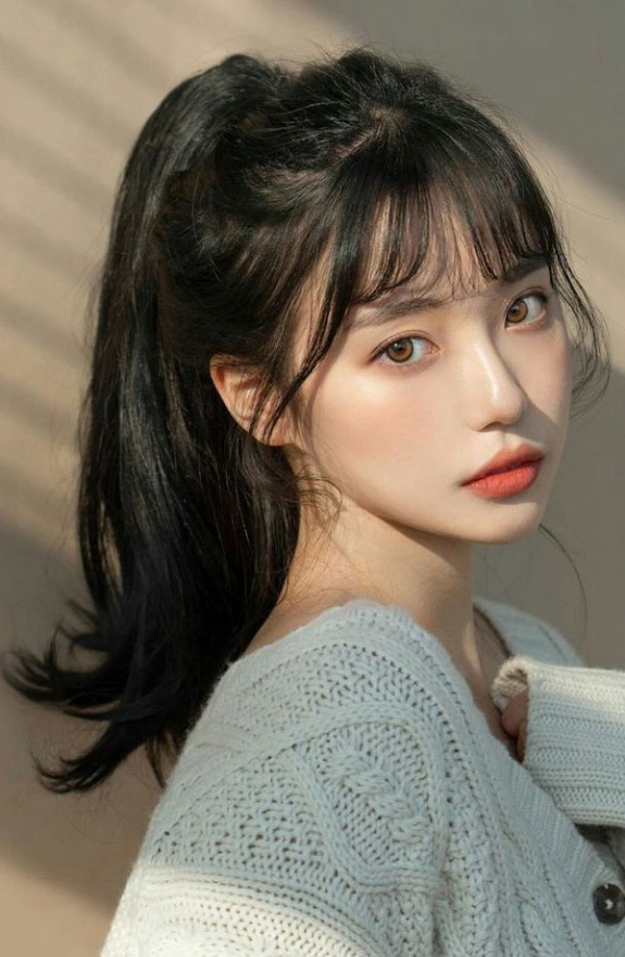 30 Cute Korean Wispy Bangs Long Hairstyles — High Ponytail