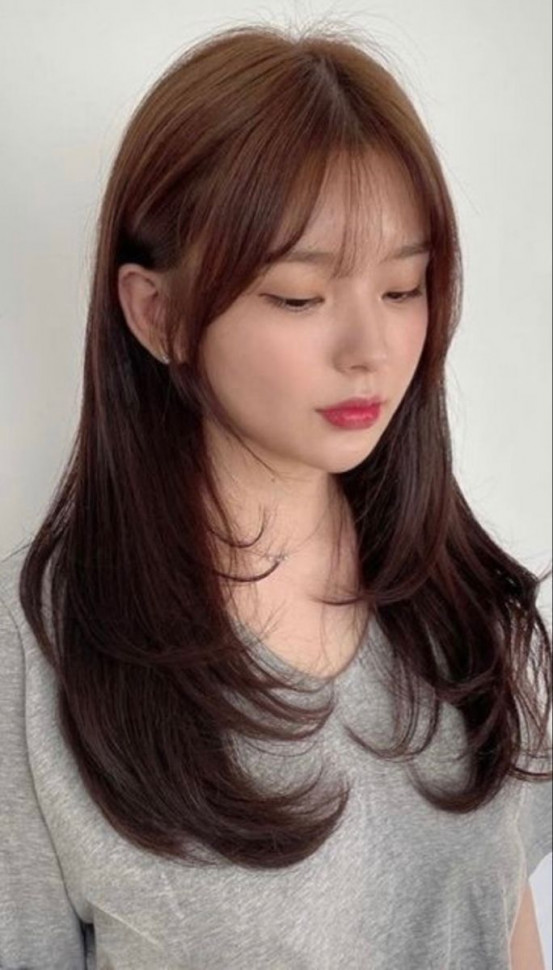 30 Cute Korean Wispy Bangs Long Hairstyles — Soft Layered Haircut