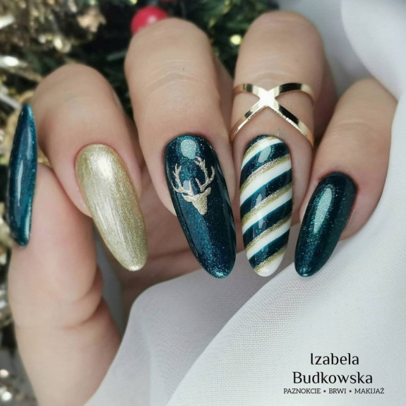 31 Green Christmas Nail Designs  — Glitter Gold Reindeer + Candy Cane Festive Nails