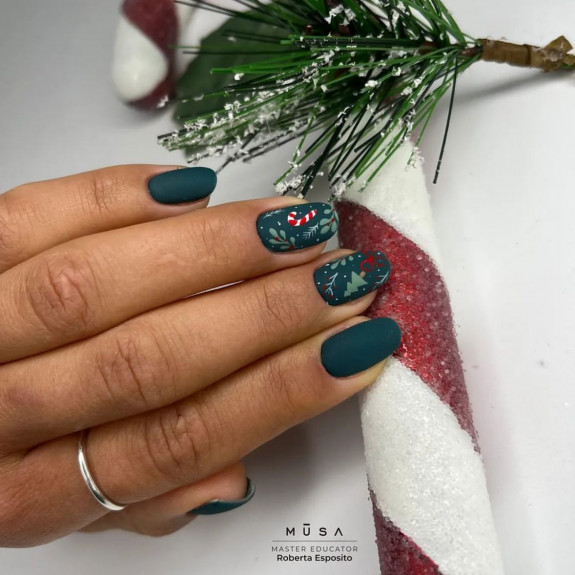 31 Green Christmas Nail Designs  — Matte Green Festive Nails with Candy Cane