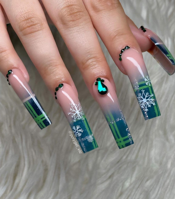 31 Green Christmas Nail Designs  — Green Plaid Tip Acrylic Festive Nails