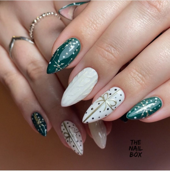 31 Green Christmas Nail Designs  — Dot Green and White Festive Nails