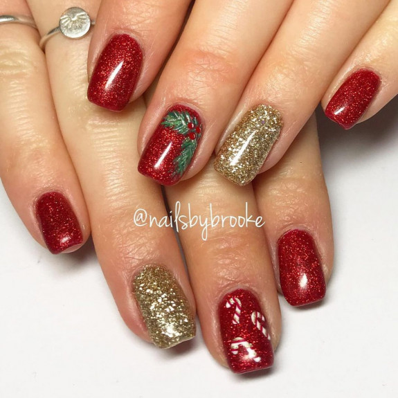 30 Red Festive Nail Designs — Gold & Red Glitter Christmas Nails