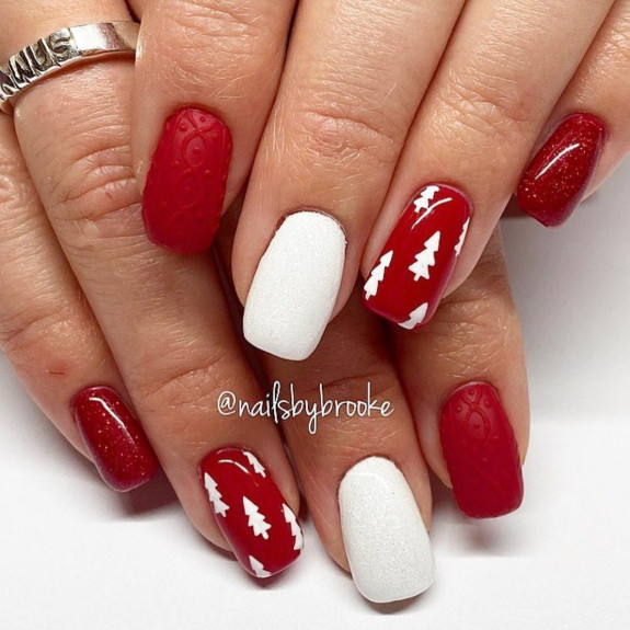 30 Red Festive Nail Designs  — White Christmas Tree Red Nails