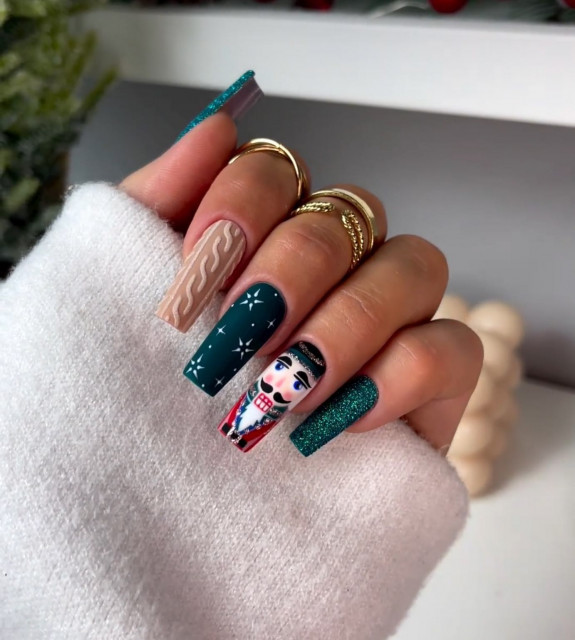 31 Green Christmas Nail Designs  — Nutcracker Green Festive Nails