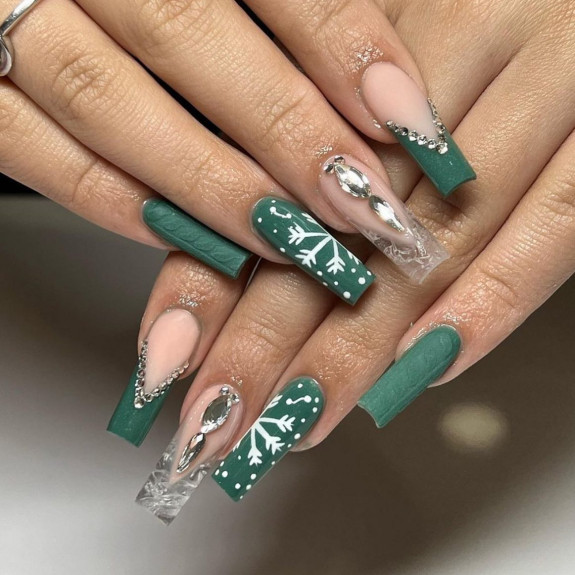 31 Green Christmas Nail Designs  — Matte Green Acrylic Festive Nails with Rhinestones