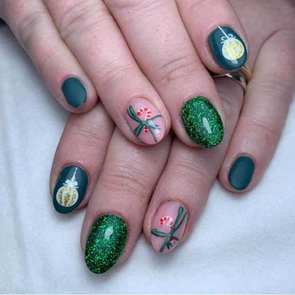 31 Green Christmas Nail Designs  — Mixed Green Festive Short Nails