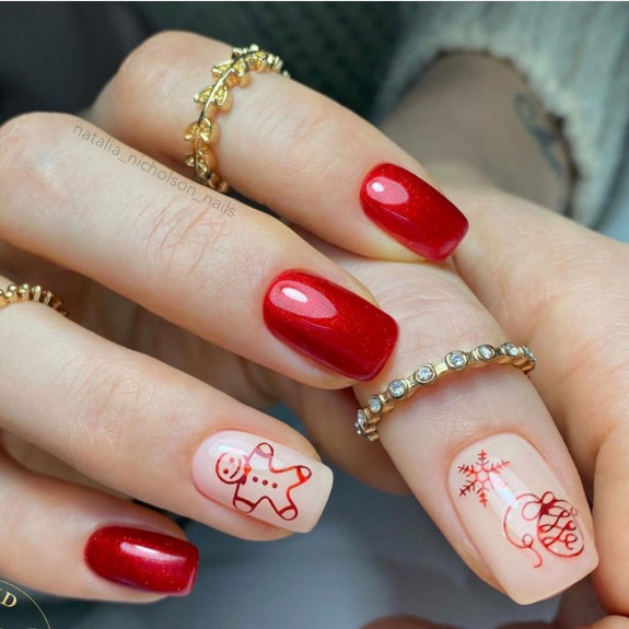 30 Red Festive Nail Designs  — Gingerbread Man Sheer Nails