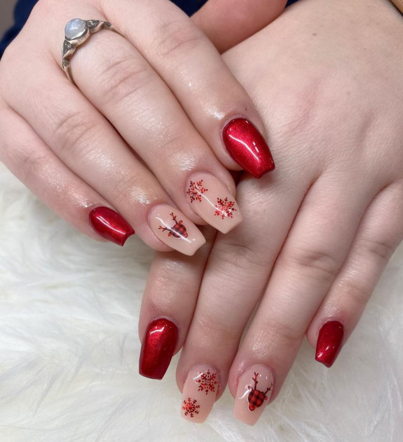 30 Red Festive Nail Designs  — Red Snowflake Sheer Nails