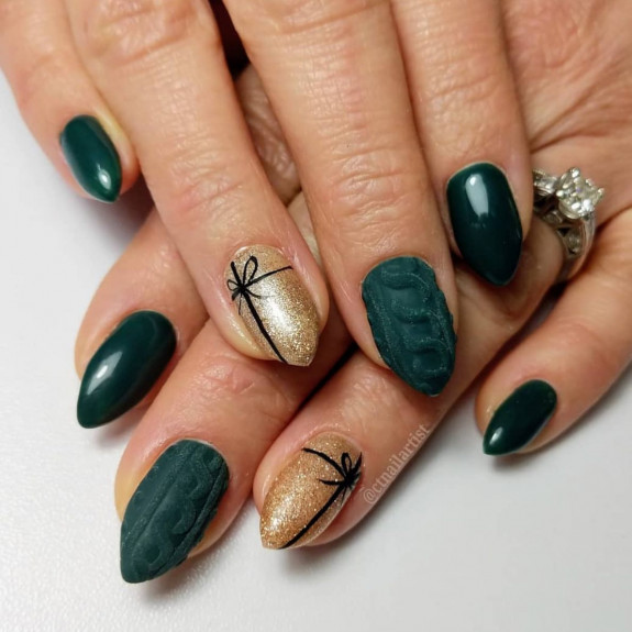 31 Green Christmas Nail Designs  — Gold + Green Sweater Festive Nails