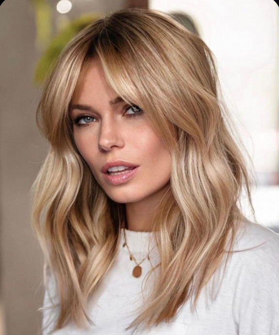 50 Cute Ways To Wear Curtain Bangs — Metallic Bronde with Curtain Bangs