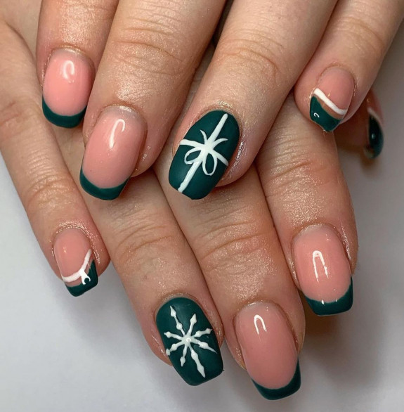 31 Green Christmas Nail Designs  — Green Present + French Tip Festive Nails