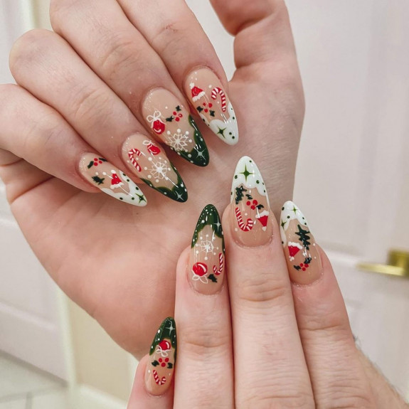 29 Cute Christmas Nail Designs — Candy Cane + Scallop Tip Nails