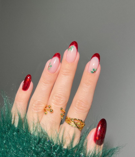 29+ Cute Christmas Nail Designs — Holly + Red Shimmery Tip Nails