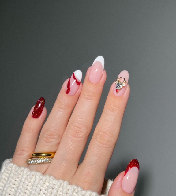 29+ Cute Christmas Nail Designs — Rudolph Embellishment Sheer Nails