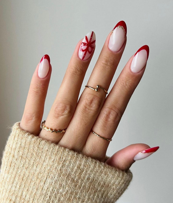 29+ Cute Christmas Nail Designs — Red Tip + Present Subtle Nails