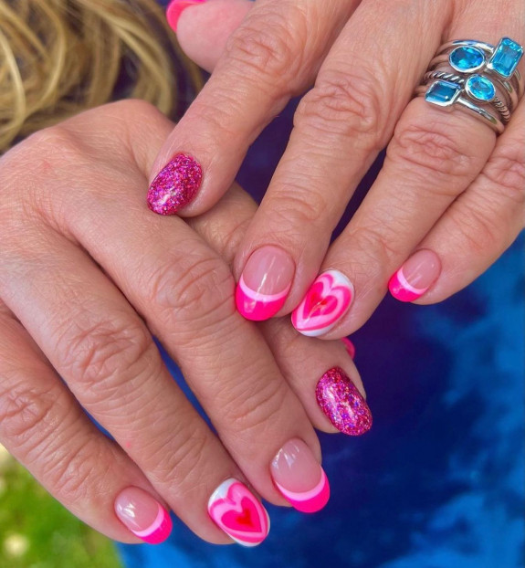 30 Love Heart Valentines Nails — Pink Double French Tip Nails