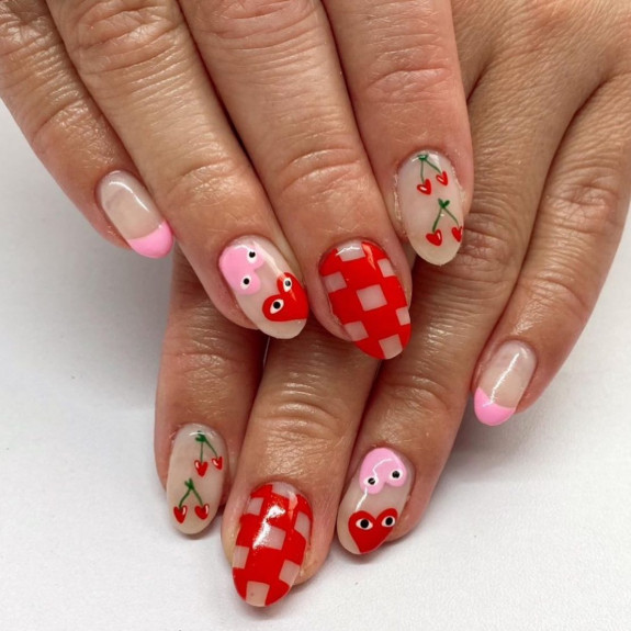 30 Cute Valentine’s Nail Designs in 2023 — Cheery Heart + Checker Board Nails