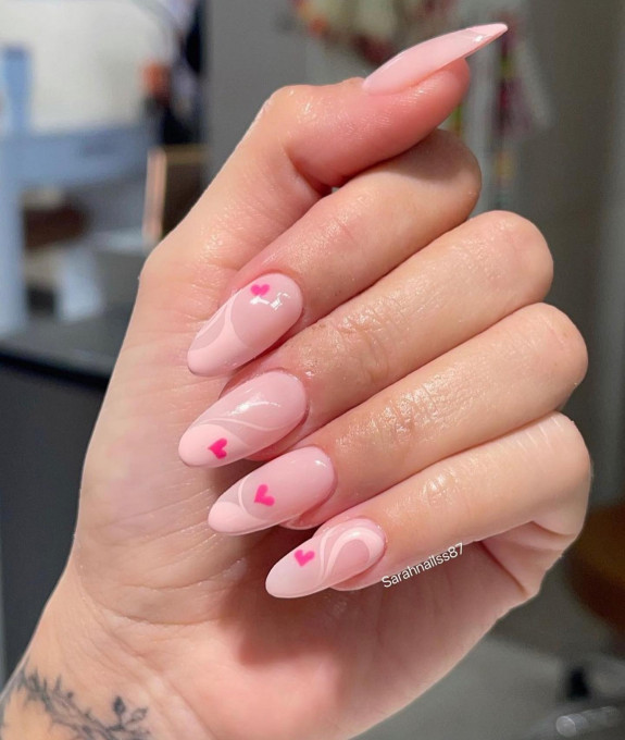 30 Love Heart Valentines Nails — Light Pink Tips with Love Hearts