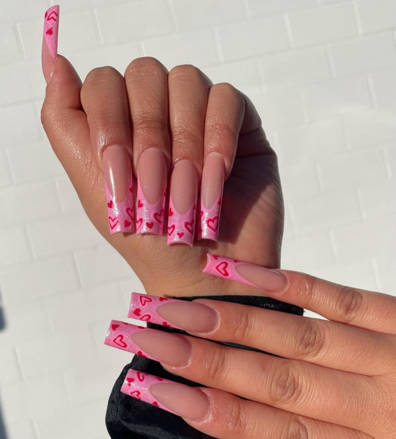 30 Cute Valentine’s Nail Designs in 2023 — Outline Red Heart Pink French Acrylic Nails