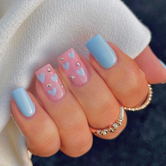 30 Love Heart Valentines Nails — Baby Blue Love Heart Short Nails