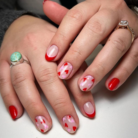 30 Cute Valentine’s Nail Designs in 2023 — Soft Pink & Red Heart Short Nails