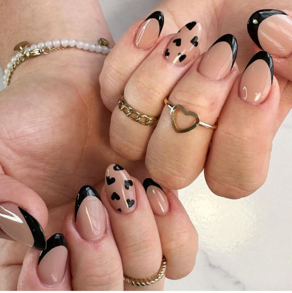 30 Cute Valentine’s Nail Designs in 2023 — Black Heart & French Tip Nails