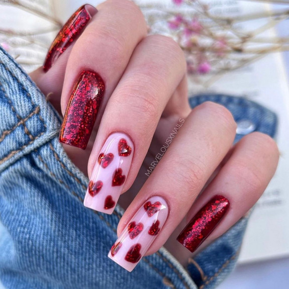 Pink Love Heart Red Short Nails – Best Valentines Day Nail Designs 2021