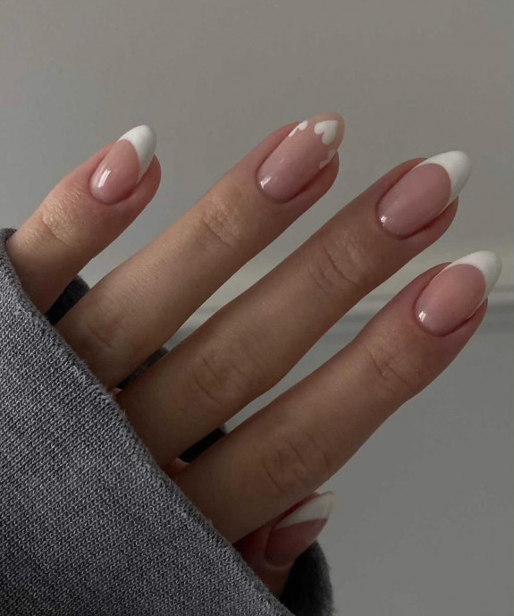 30 Love Heart Valentines Nails — White Heart Tip + White French Nails